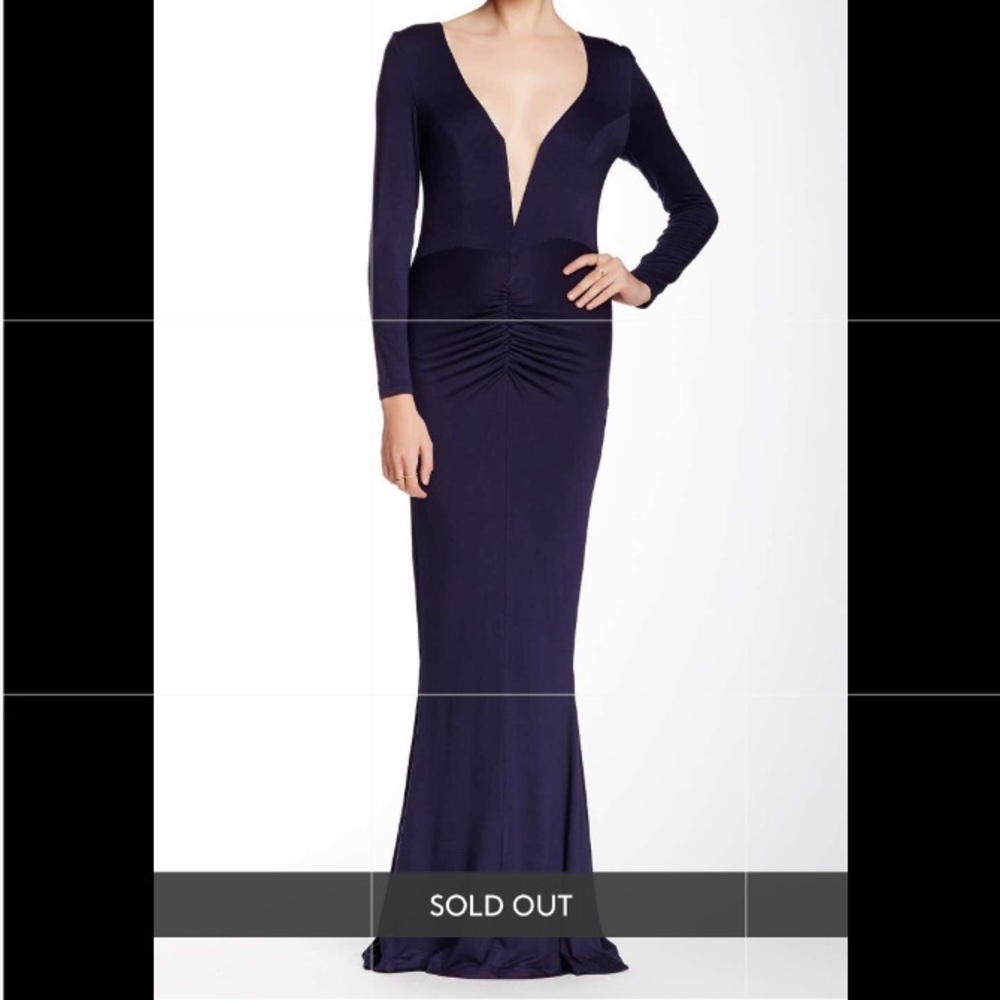 l'atiste long sleeve maxi plunge navy gown NWT